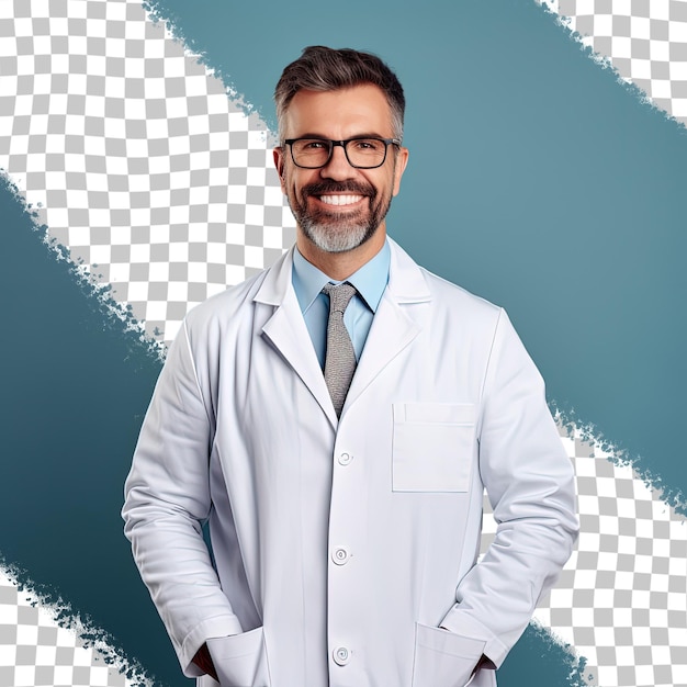 a man in a lab coat stands in front of a blue background with a white cross.