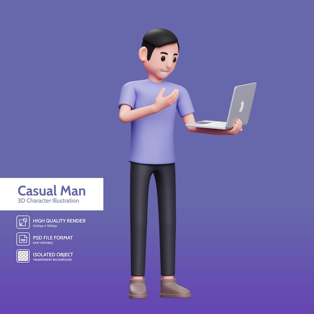 Man making video call with laptop front camera 3d render character illustration