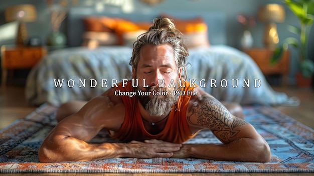 PSD man meditating on a rug in a bedroom