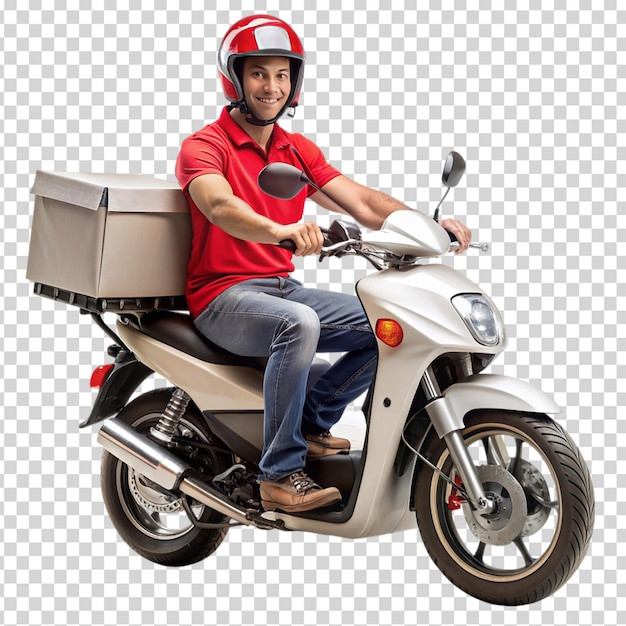 A man on a motorcycle with a box on transparent background