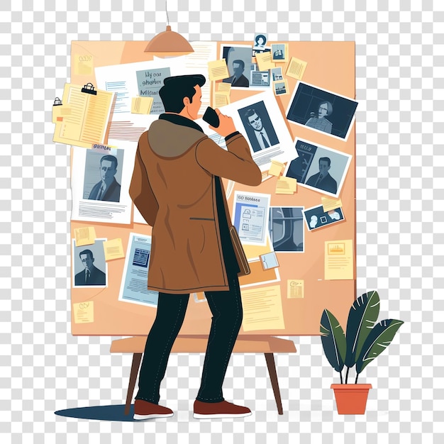 PSD man in an office analyzing a crime board with photos and notes while talking on the phone illustrati