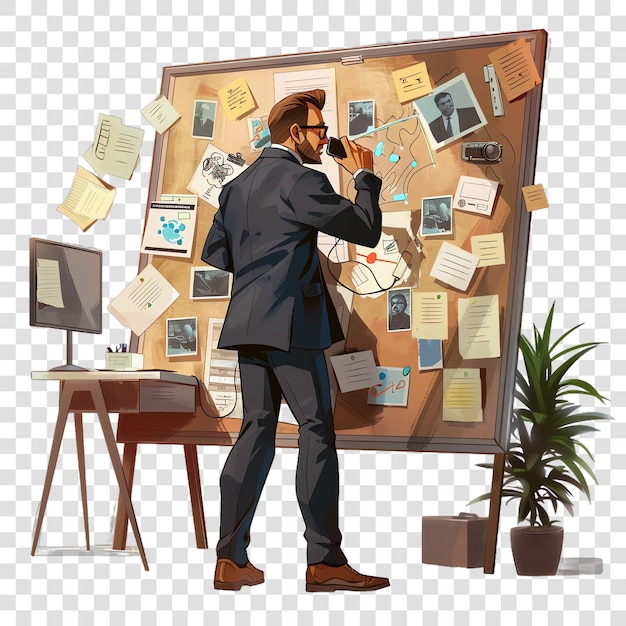 man in an office analyzing a crime board with photos and notes while talking on the phone illustrati