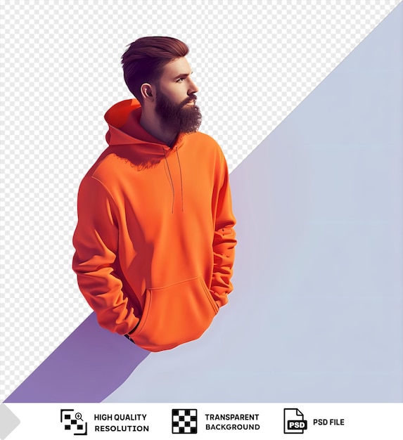 PSD a man in an orange hoodie standing against a purple background with a transparent background