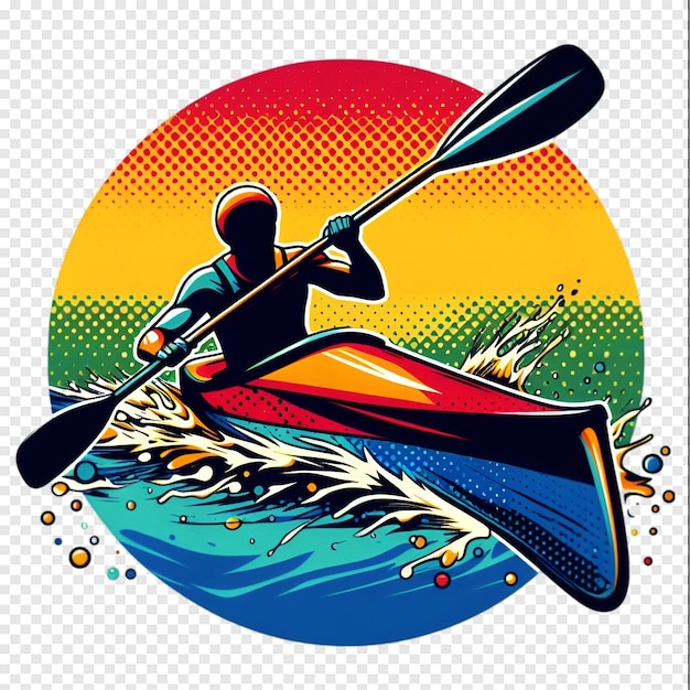 a man paddles a kayak with a rainbow background