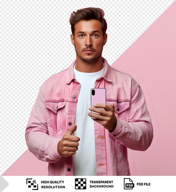 PSD man in pink jacket holding phone with thumbs up against an isolated background