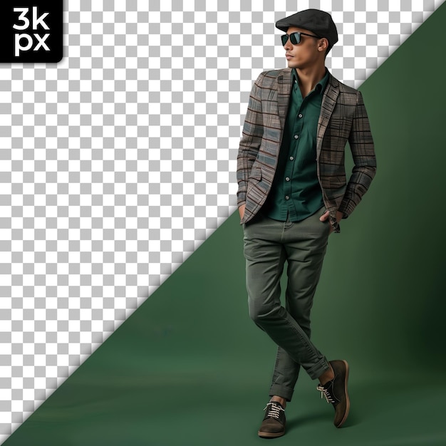 PSD a man in a plaid jacket and sunglasses walks in front of a green background with a photo of a man wearing sunglasses