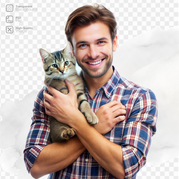 PSD a man in a plaid shirt holds a cat and smiles standing against a transparent background