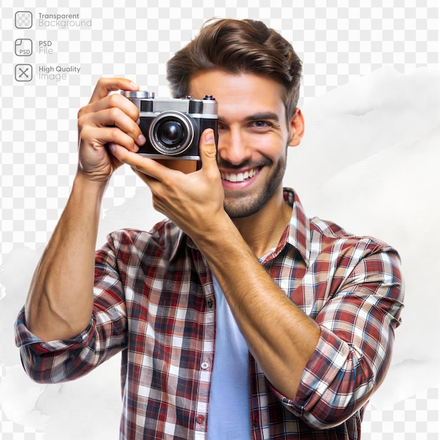 PSD a man in a plaid shirt smiles while holding a vintage camera