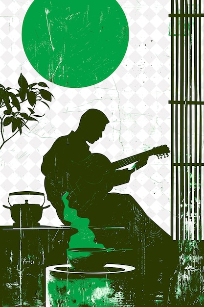 PSD a man playing a guitar in front of a window with a green circle on the back