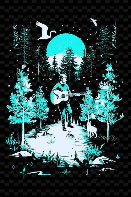 a man playing guitar in the woods with trees and snow