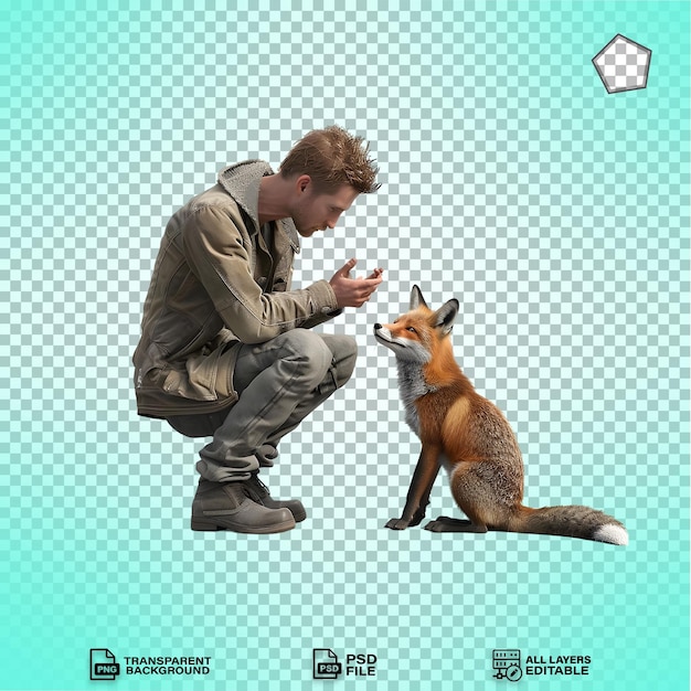 PSD man playing with his pet fox isolated o transparent background