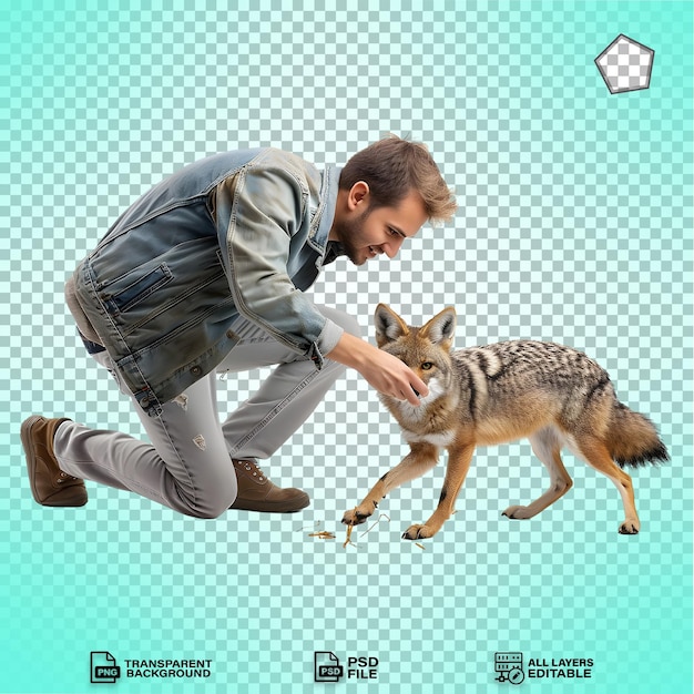 man playing with his pet fox isolated on transparent background