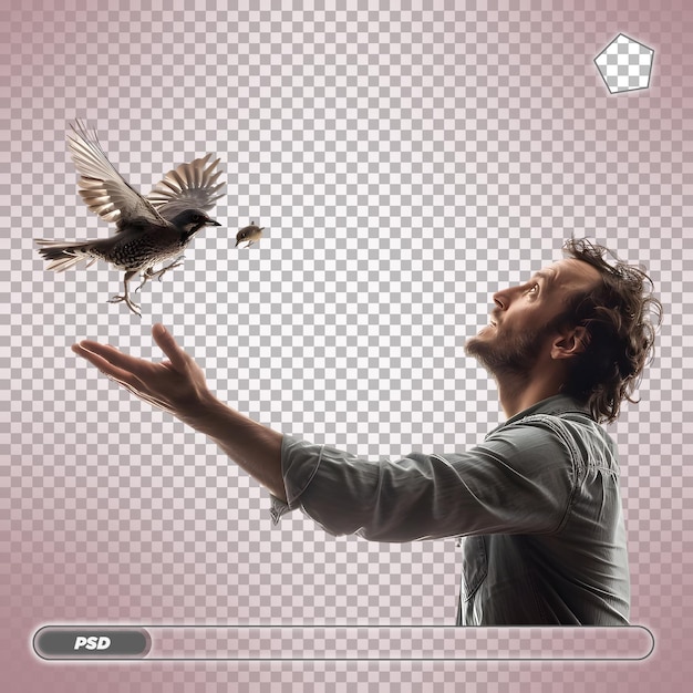 PSD man reaching out to a bird isolated on transparent background