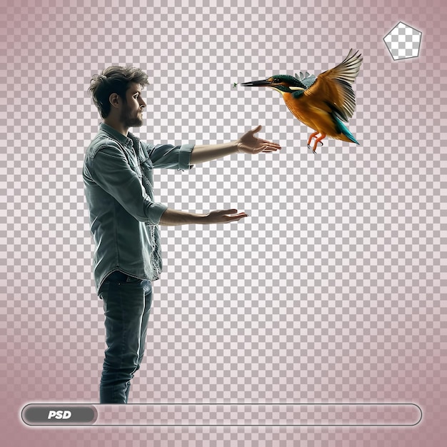 Man Reaching Out to a Flying Kingfisher Isolated on transparent background