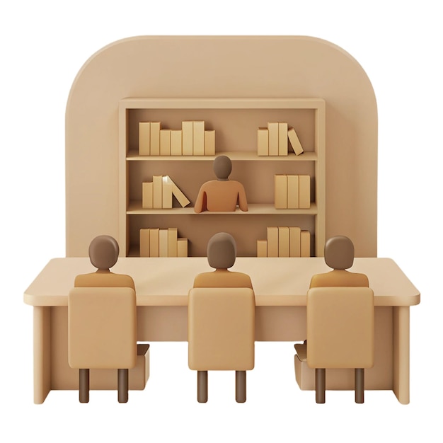 PSD a man reading a book in a library with three people sitting at a table