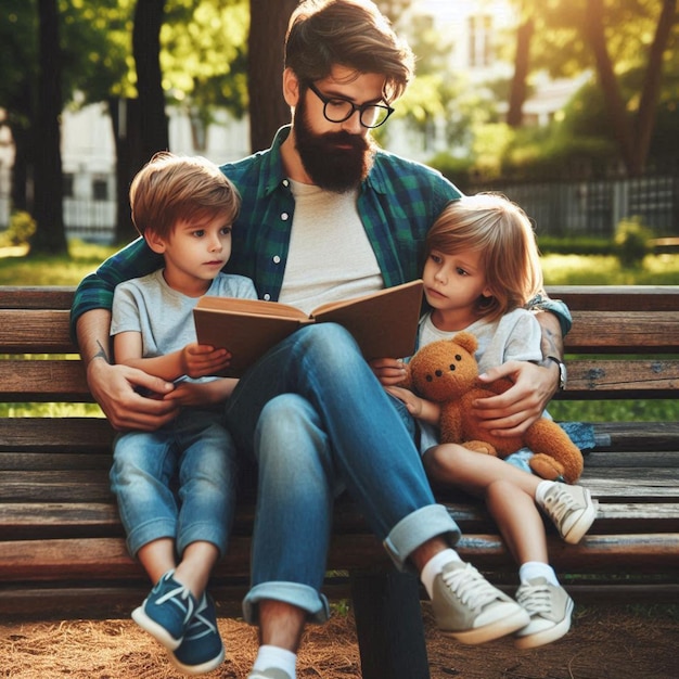 PSD a man reading a book with two children sitting on a bench