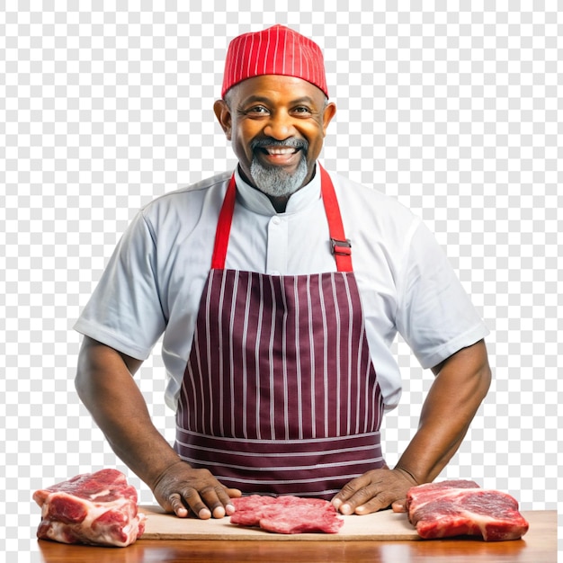 PSD a man in a red hat is standing in front of a cut up meat