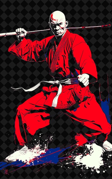 a man in a red kimono is performing a kick