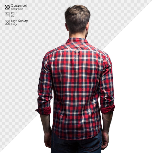 Man in red plaid shirt facing away on transparent background