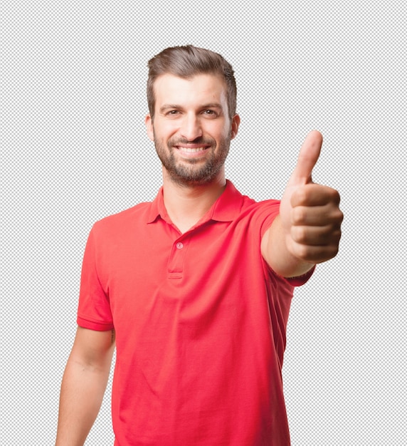 PSD man in red shirt doing thumbs up