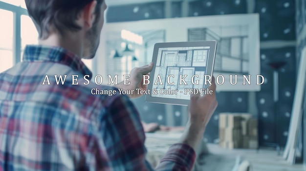 PSD man reviewing blueprints on a tablet