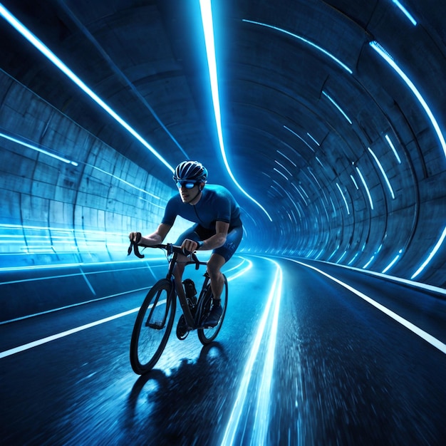 PSD a man riding a bike in a tunnel with a blue light on the right