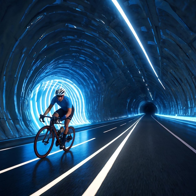 PSD a man riding a bike in a tunnel with a light and on the right