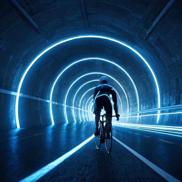 PSD a man riding a bike in a tunnel with a light and on the right