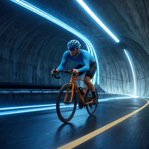 a man riding a bike in a tunnel with a light and on the right