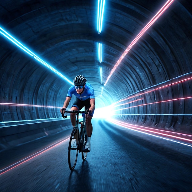 PSD a man riding a bike in a tunnel with a light and on the right