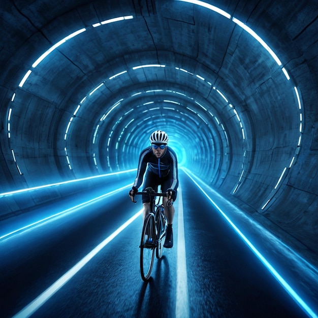 a man riding a bike in a tunnel with a light and on the right