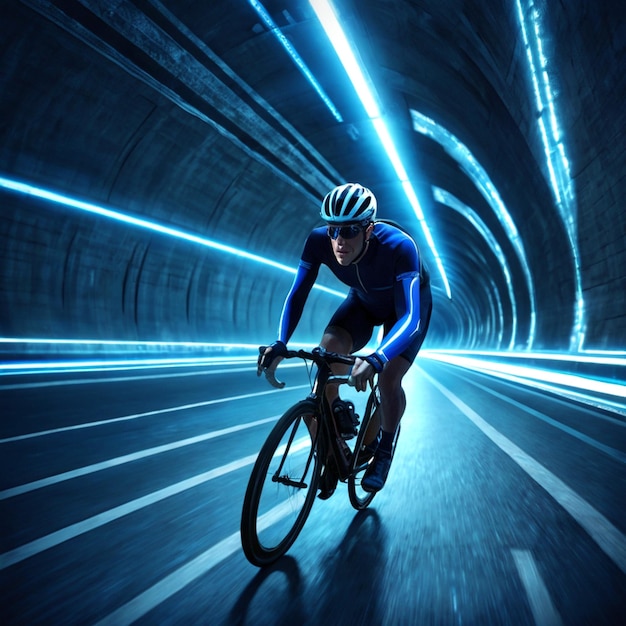 a man riding a bike in a tunnel with a light and on the right