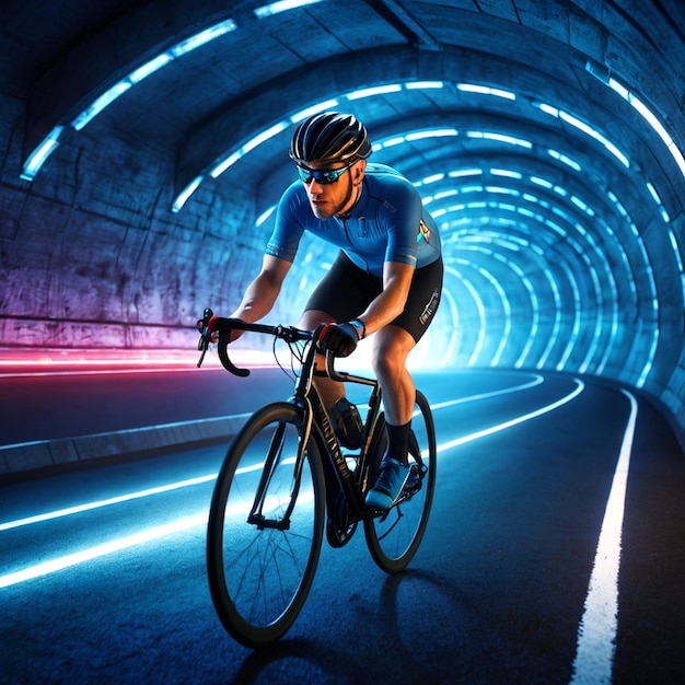 PSD a man riding a bike in a tunnel with a light and on the right