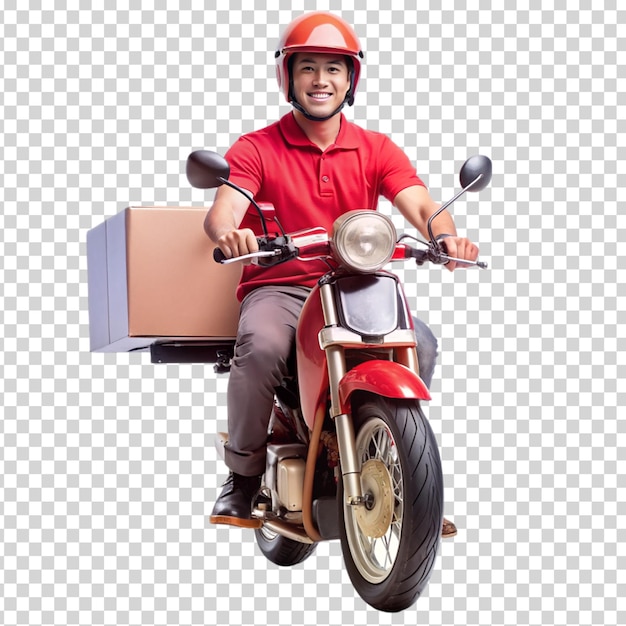 A man riding a red motorcycle on transparent background