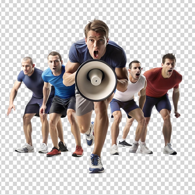 PSD a man running on a treadmill with a megaphone in front of him on transparent background