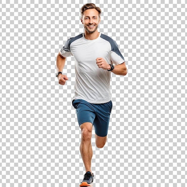 a man running with a blue shirt and black shorts