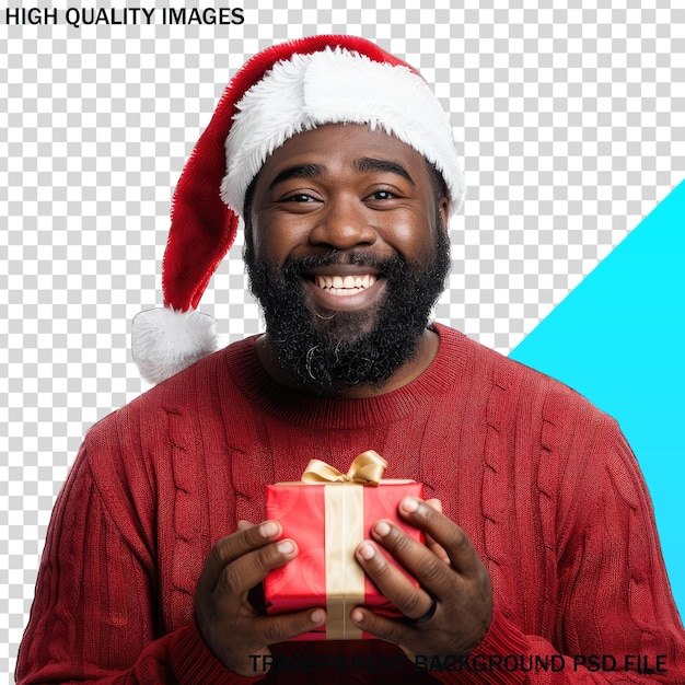 a man in a santa hat holding a gift