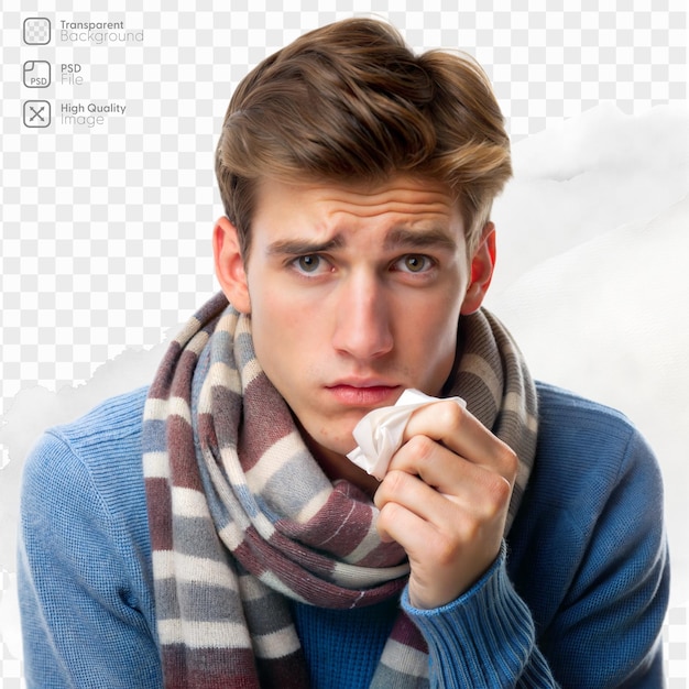 PSD man in a scarf and sweater holds a tissue looking sick and concerned displaying symptoms of a cold