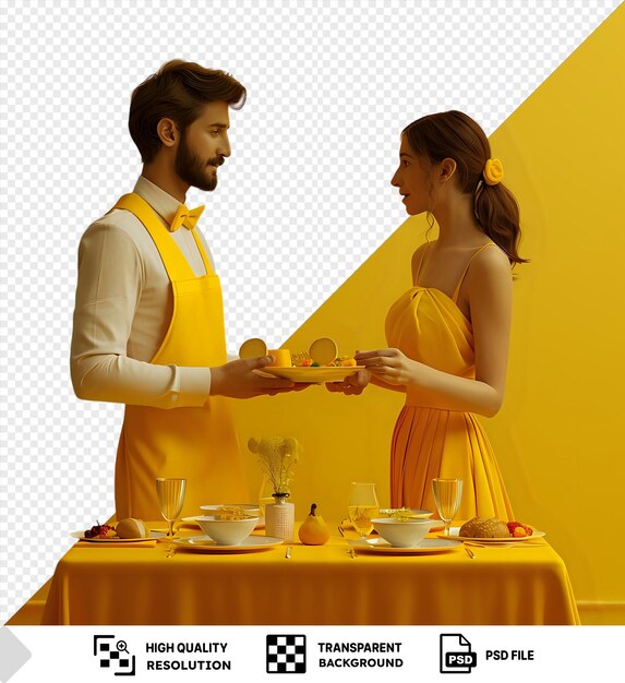 PSD man serving woman plate of food in yellow attire against a yellow background with a transparent background