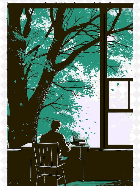 a man sits on a bench in front of a window with a tree in the background