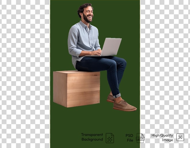 A man sits on a box with a laptop on transparent background