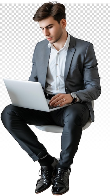 a man sits on a chair with a laptop