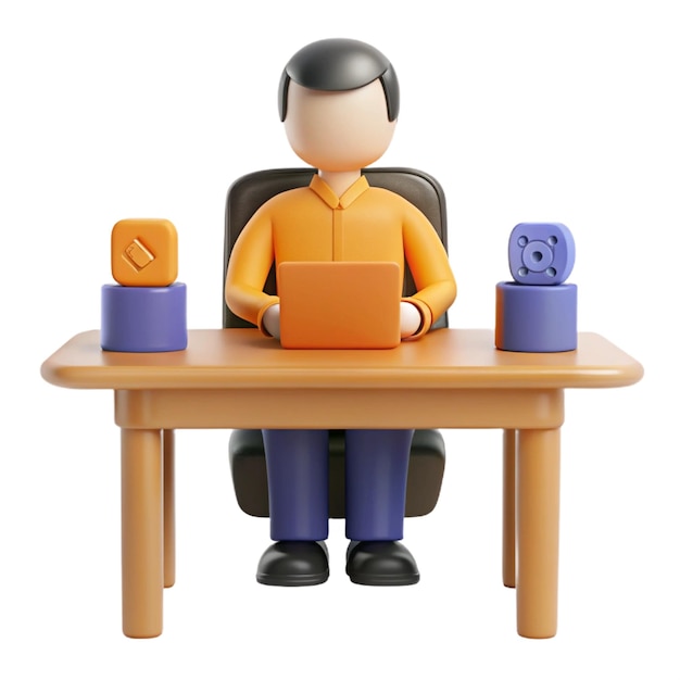 a man sits at a desk with a computer and a computer monitor