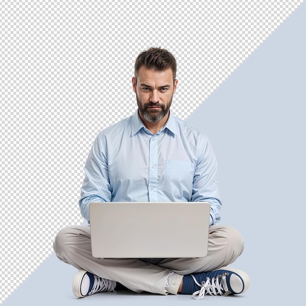 PSD a man sits on the ground with a laptop in front of him