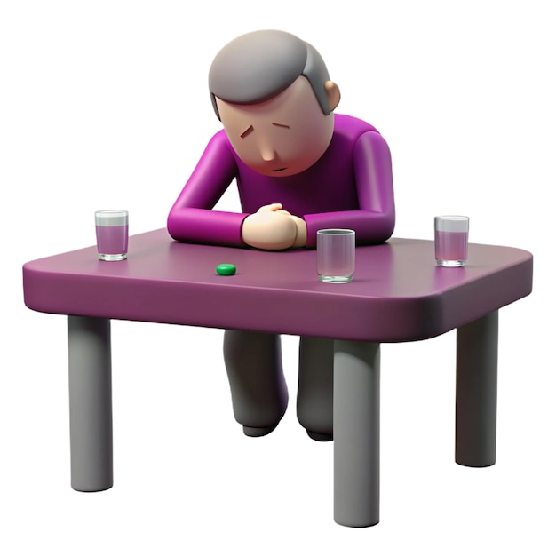 a man sits at a table with glasses and a green pill in his hand