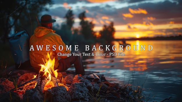 PSD man sitting by a campfire at sunset