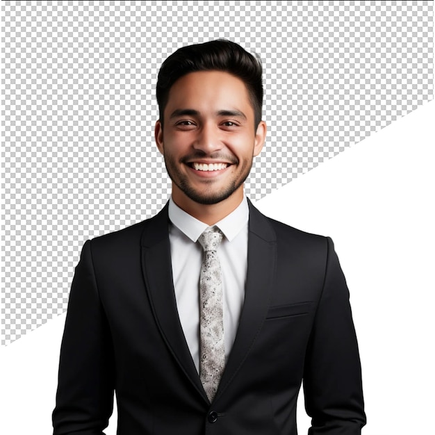 a man smiles in front of a white background with a gray tie