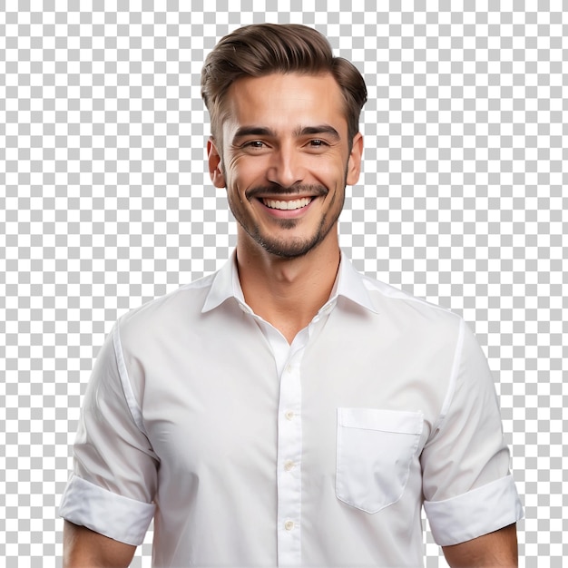 a man smiles and smiles with a white shirt that says he is smiling isolated