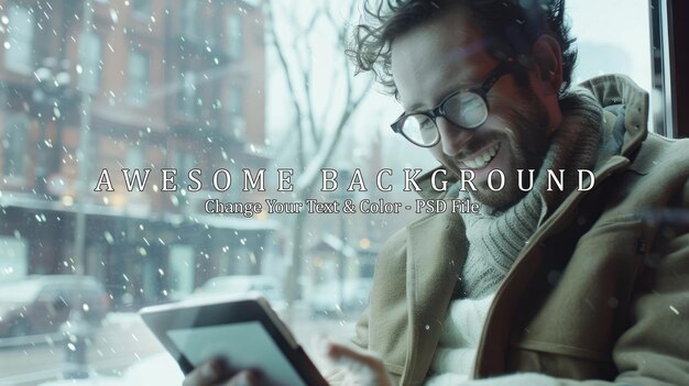 PSD man smiling at tablet during snowfall