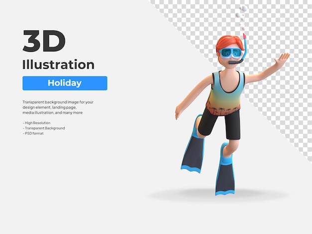 Man snorkeling and diving underwater 3D character illustration